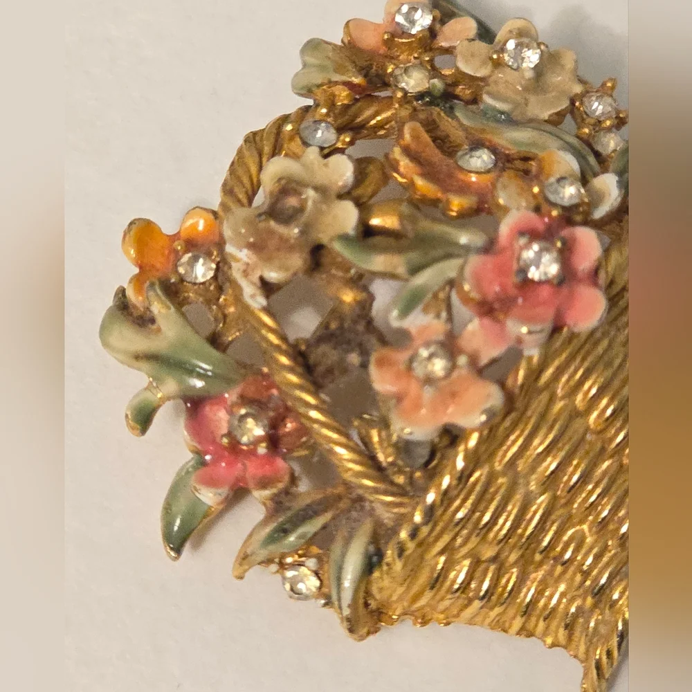 Vintage Signed BSK My Fair Lady Brooch Flower Basket Gold Tone Enamel Rhinestone